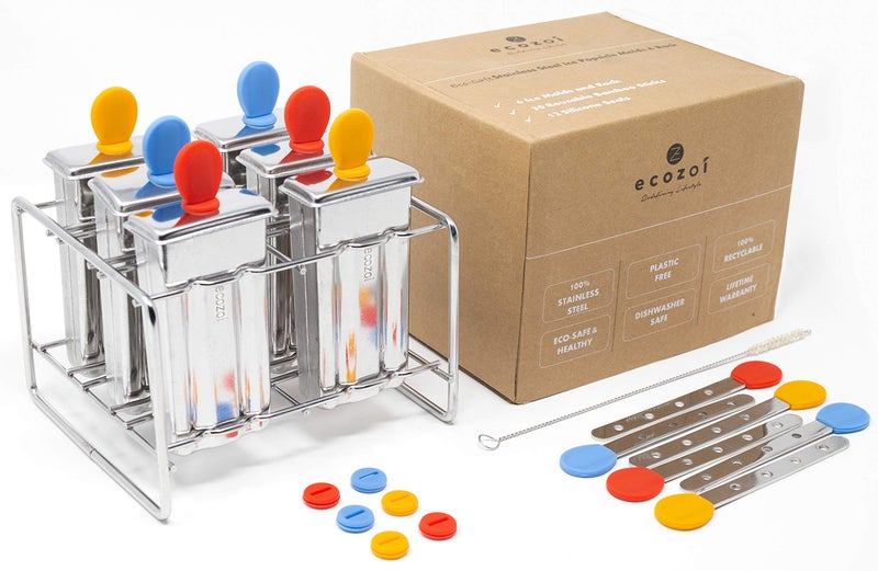 Ecozoi Stainless Steel Popsicle Molds â€“ Reusable Metal Paleta Maker Set with 6 Molds, 6 Sticks, 12 Silicone Seals & Cleaning Brush â€“ Easy Release Ice Pop Maker for Kids & Adults, 3 oz Each - Image 1